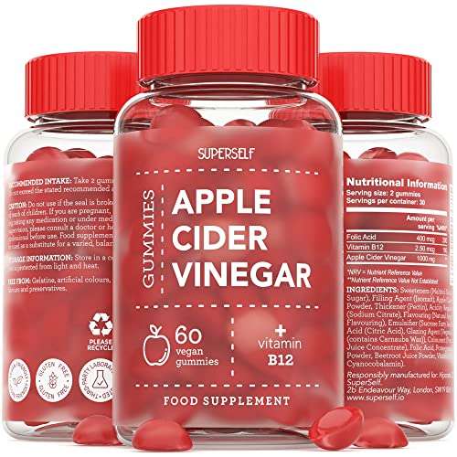 60 x Apple Cider Vinegar Gummies 1000mg - High Strength with Vitamin B12 & Folic Acid (Extra 49% Off W/ S&S) Sold by SuperSelf FBA